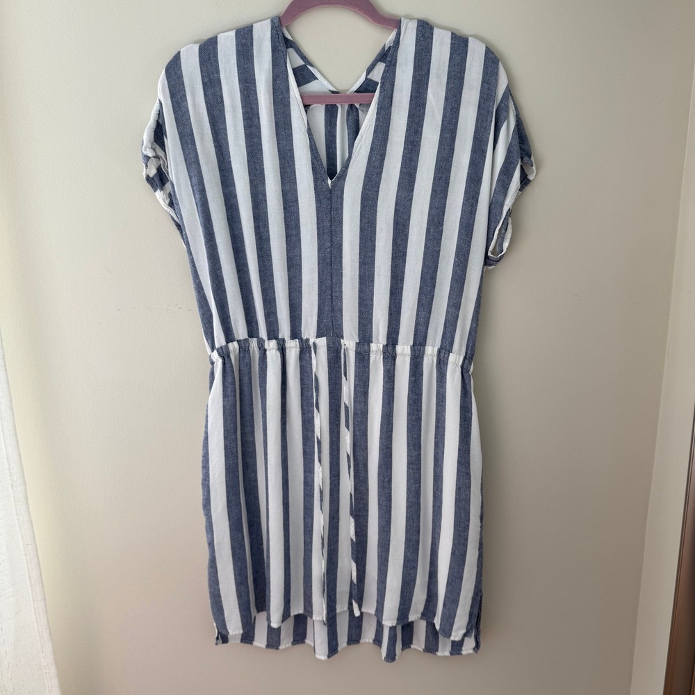Rails Blue White Striped Linen Blend V-Neck Mini Dress Large
